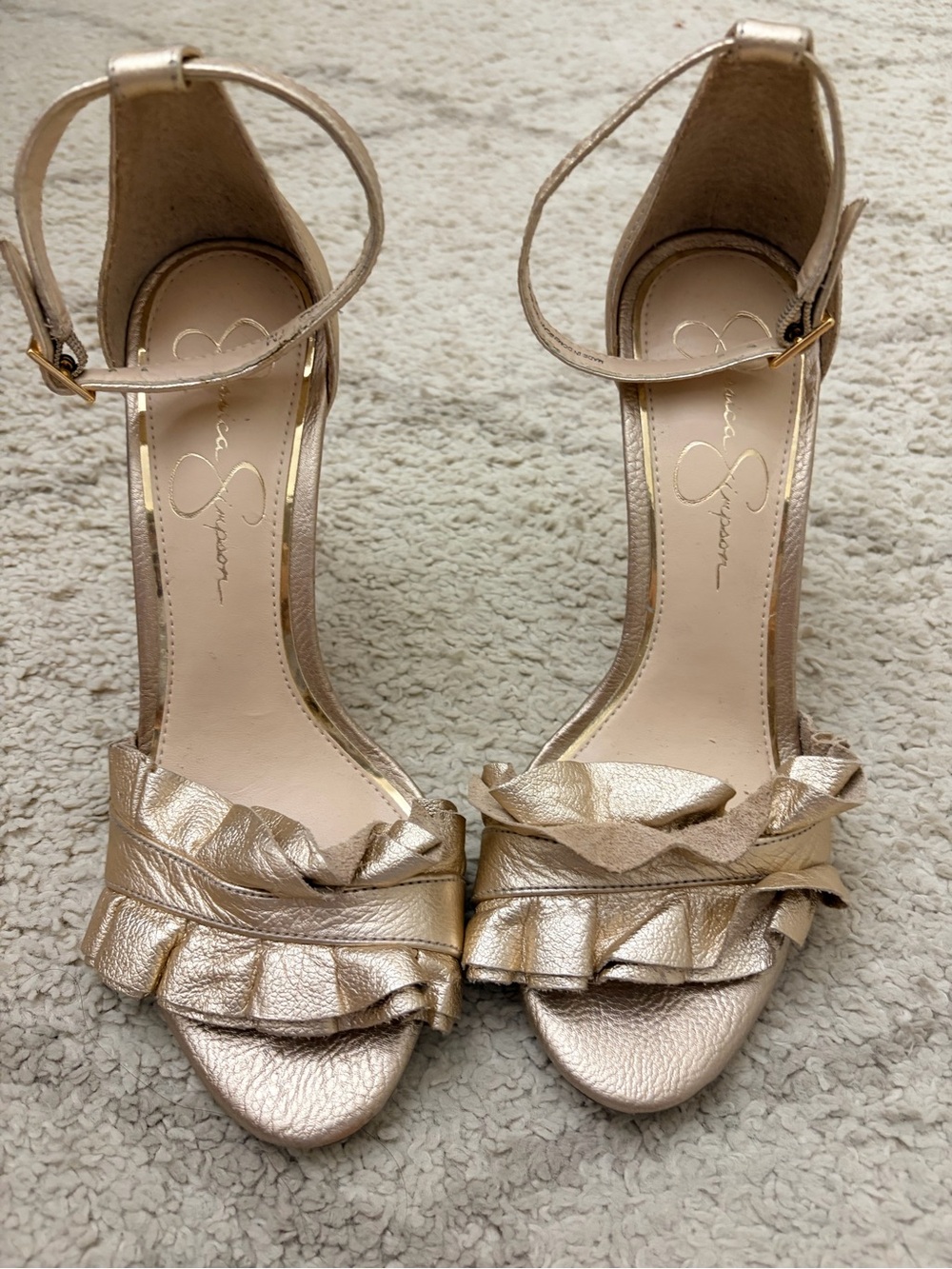 Jessica Simpson Metallic Gold Ruffle Ankle-Strap Heels